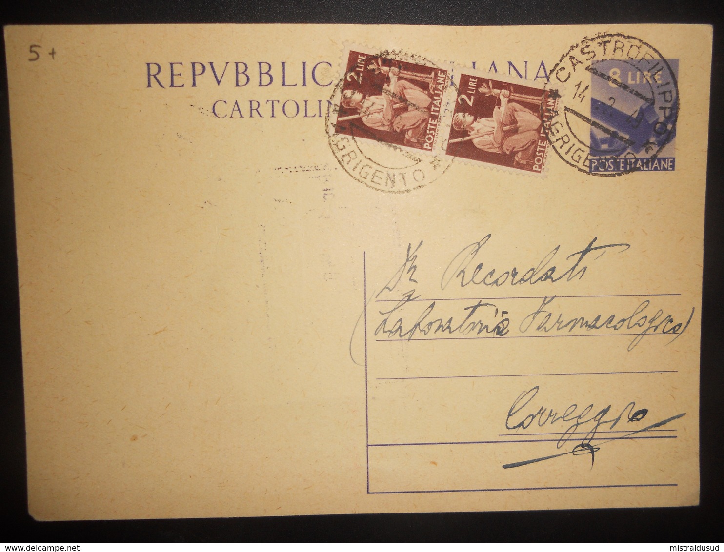 Italie Entier Postal De Castrofilippo 1949 Pour Correggio - Colis-postaux