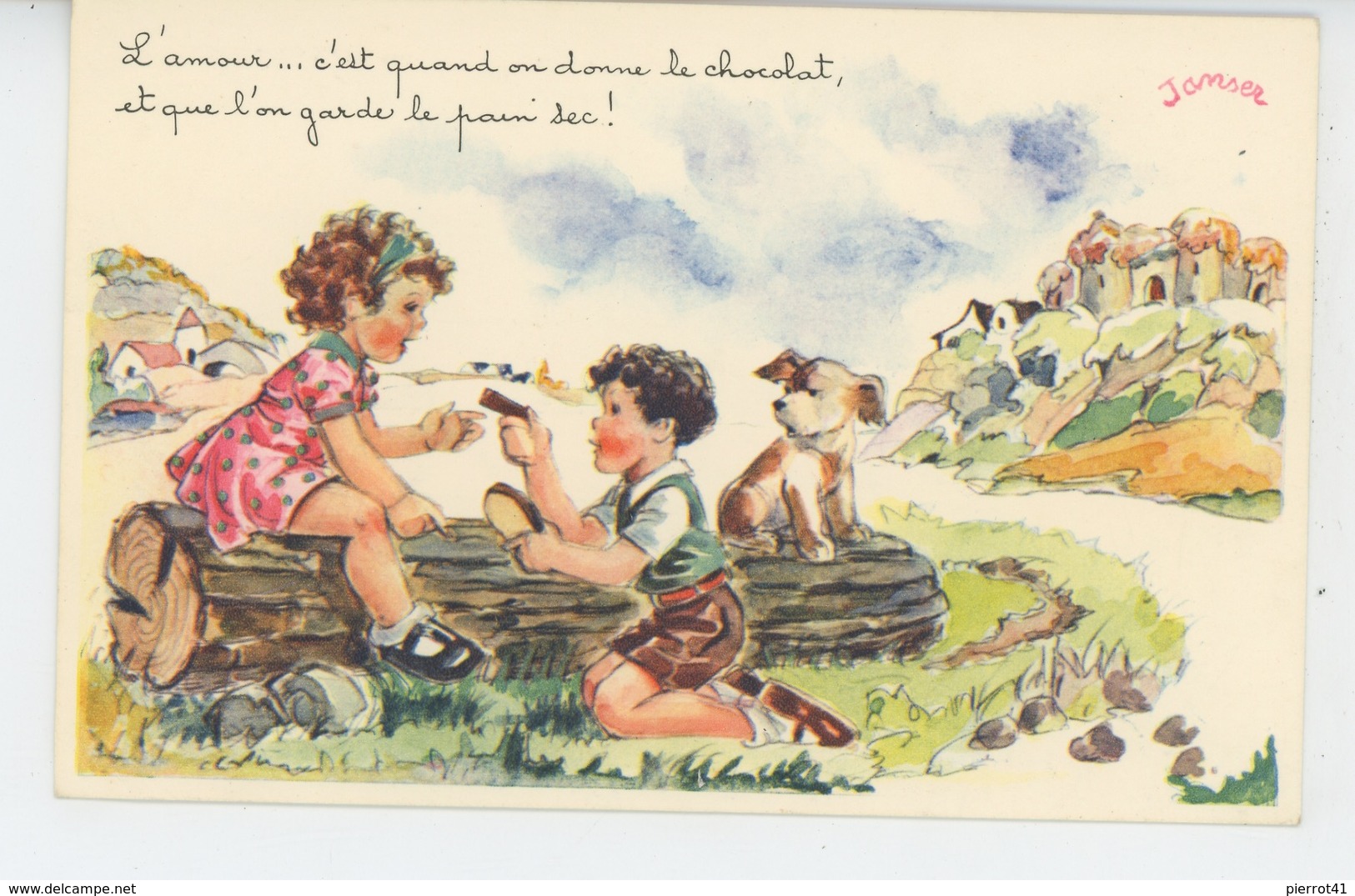 Illustrateur JANSER - DOG - Jolie Carte Fantaisie Enfants Avec Chien "L'amour..c'est Quand On Donne Le Chocolat...." - Janser