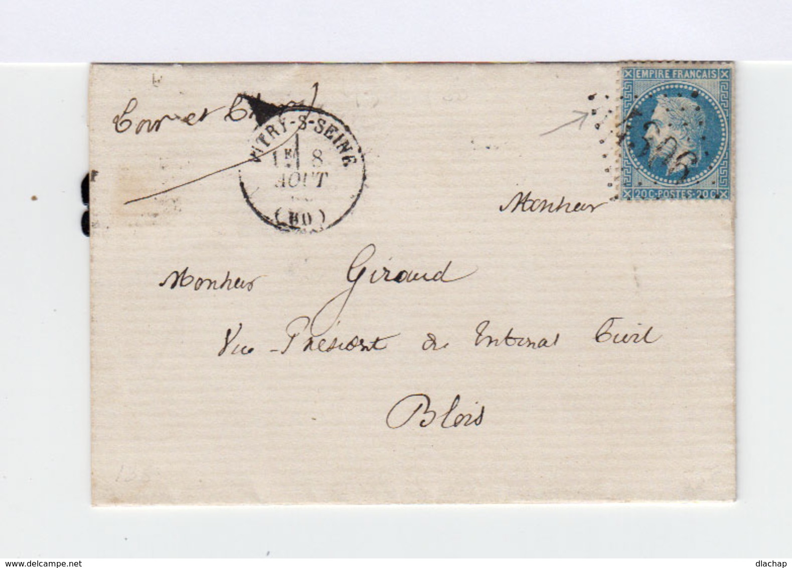 Sur Lettre. 1869. Type Louis Napoléon Bonaparte 20c. Type II. Oblitération Losange Gros Chiffres. (528) - 1849-1876: Période Classique