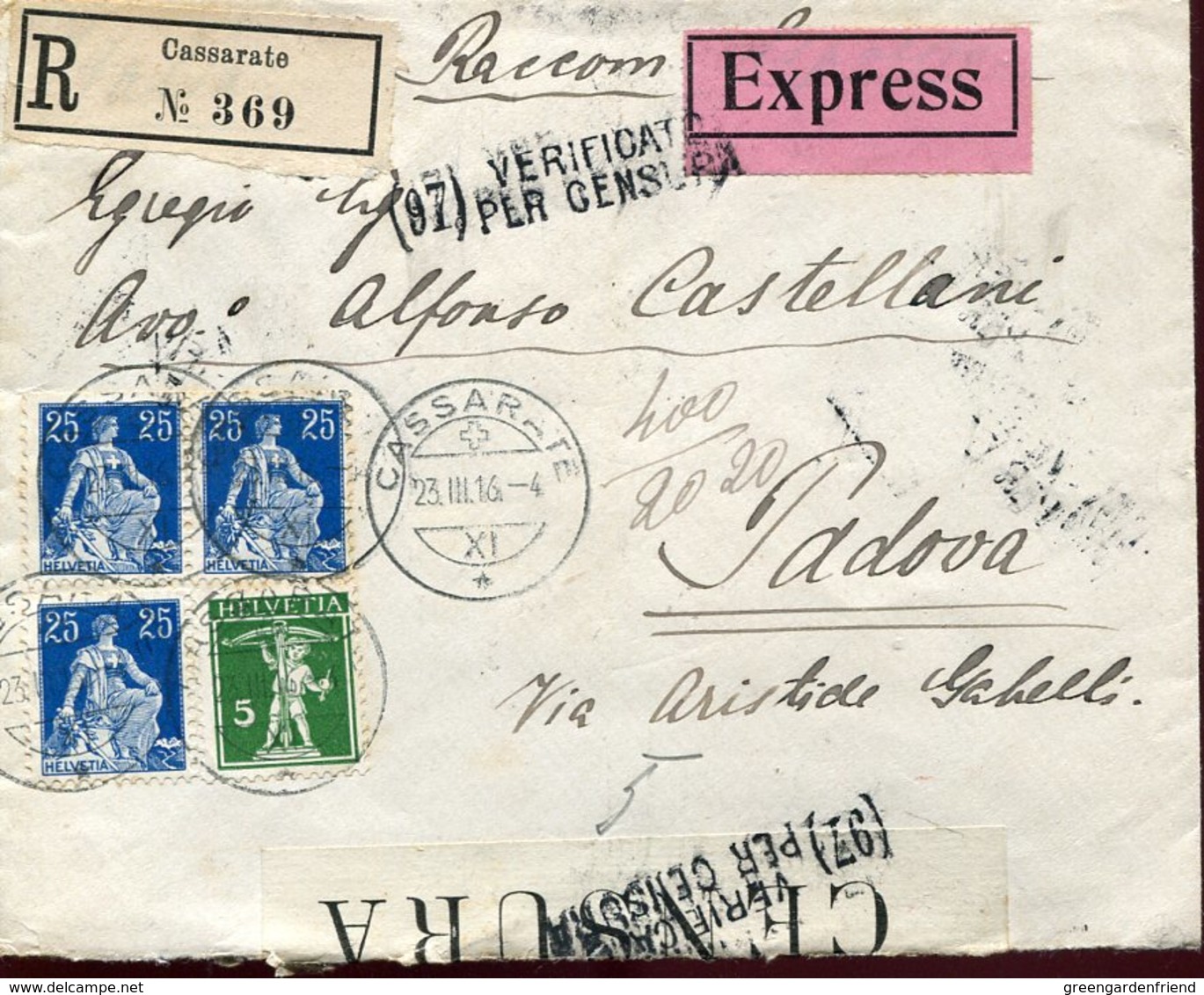 34689 Switzerland,circuled Registered Express Cover 1916,censured ! From Cassarate To Padova(italy) - Storia Postale