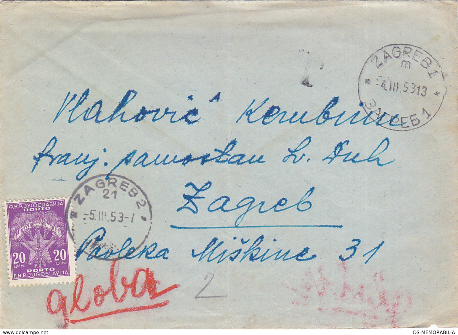 Yugoslavia Postage Due 20 Din , Sent From Zagreb To Zagreb 1953 - Portomarken