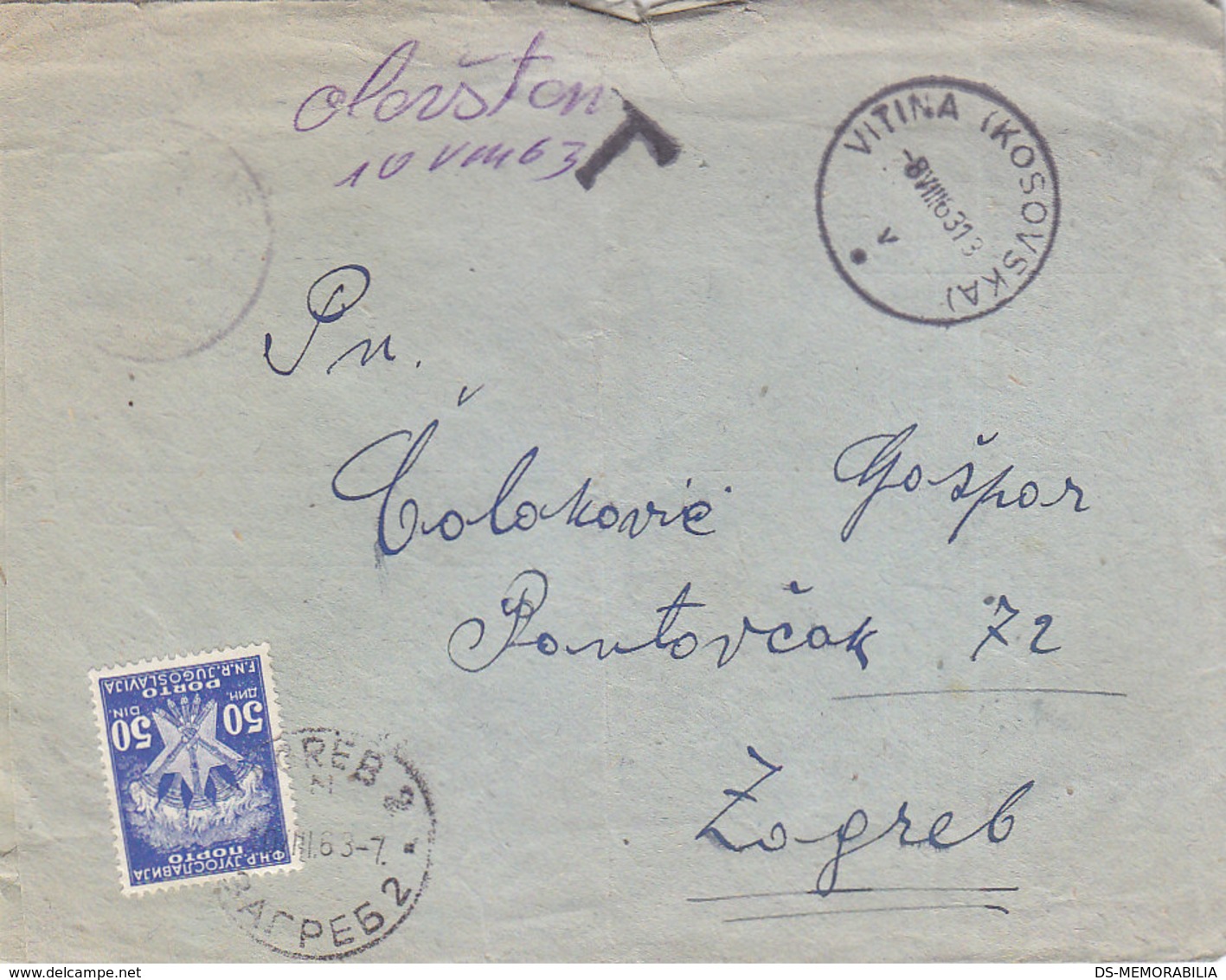 Yugoslavia Postage Due 50 Din,sent From Vitina Kosovska To Zagreb 1963 - Portomarken