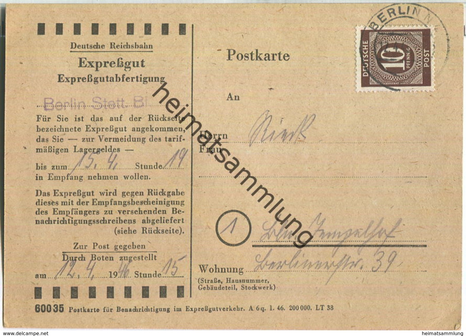 Ortskarte Berlin - Expressgut-Abholung - Deutsche Reichsbahn - 12.April 1946 - Briefe U. Dokumente