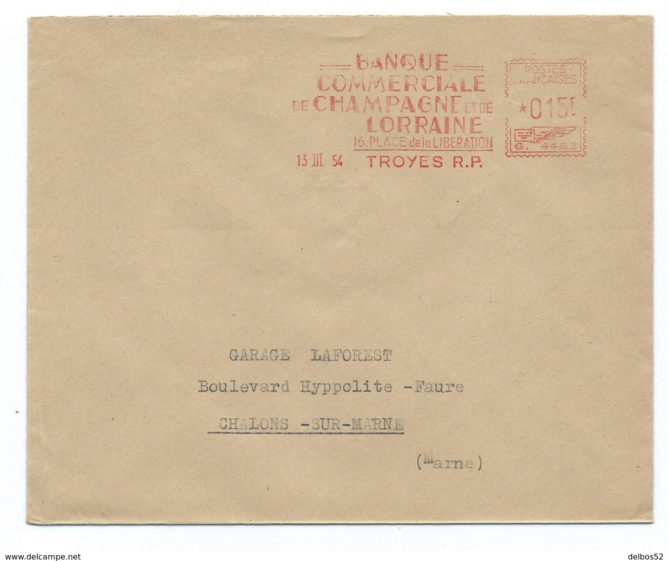 Enveloppe - EMA - Banque Commerciale De Champagne Et De Lorraine - Troyes 13 Mars 1954 - EMA (Empreintes Machines à Affranchir)