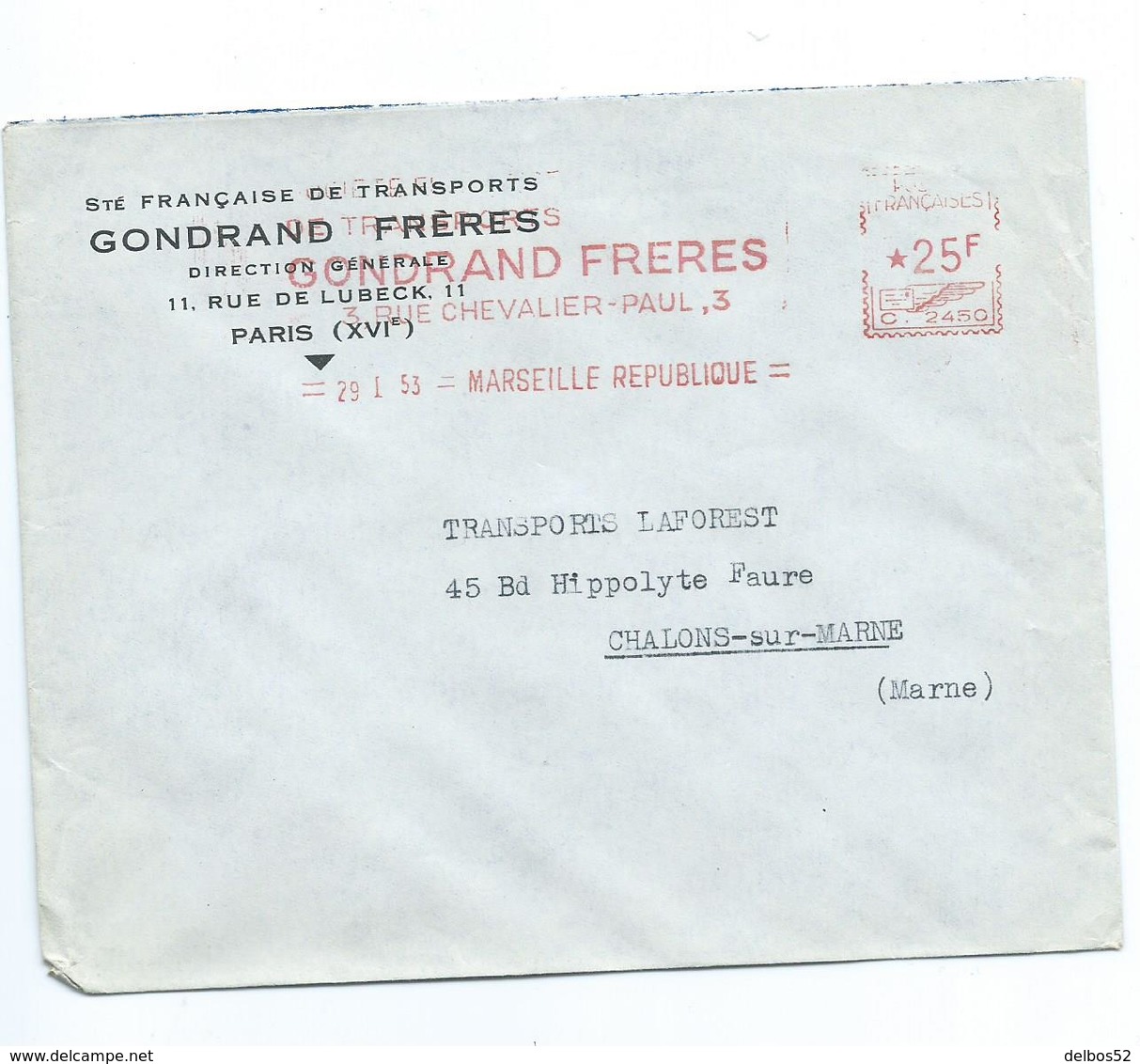 Enveloppe - EMA - Gondrand Freres (transporteur) - Marseille 29 Janvier 1953 - EMA (Empreintes Machines à Affranchir)