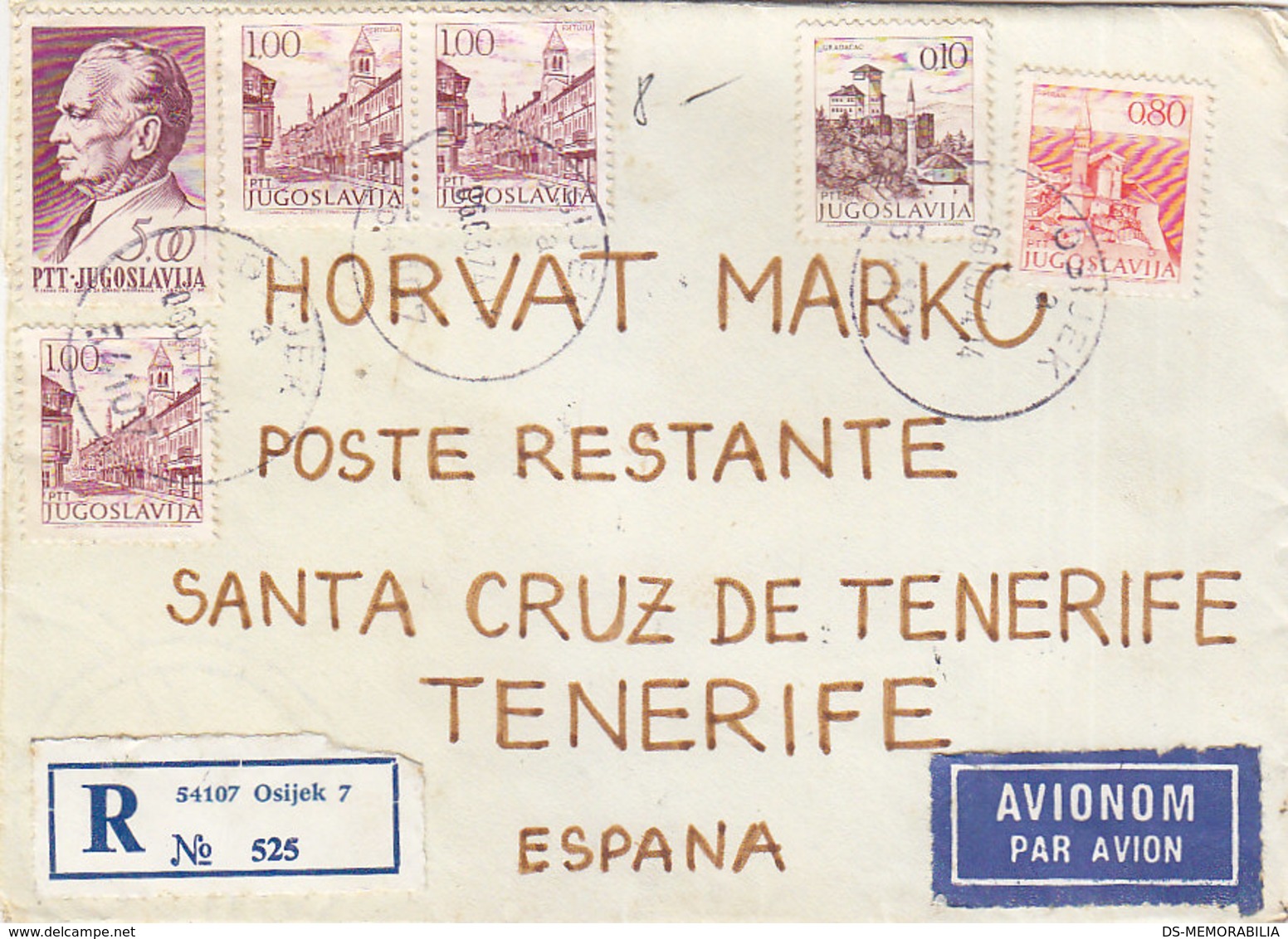 Yugoslavia Registered Airmail Cover Sent To Tenerife Spain , Osijek 1974 - Poste Aérienne