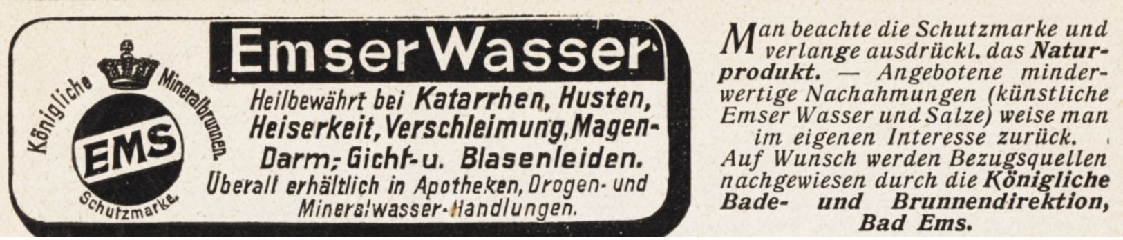 Original-Werbung/ Anzeige 1913 - EMSER WASSER - BAD EMS - Ca. 110 X 25 Mm - Werbung