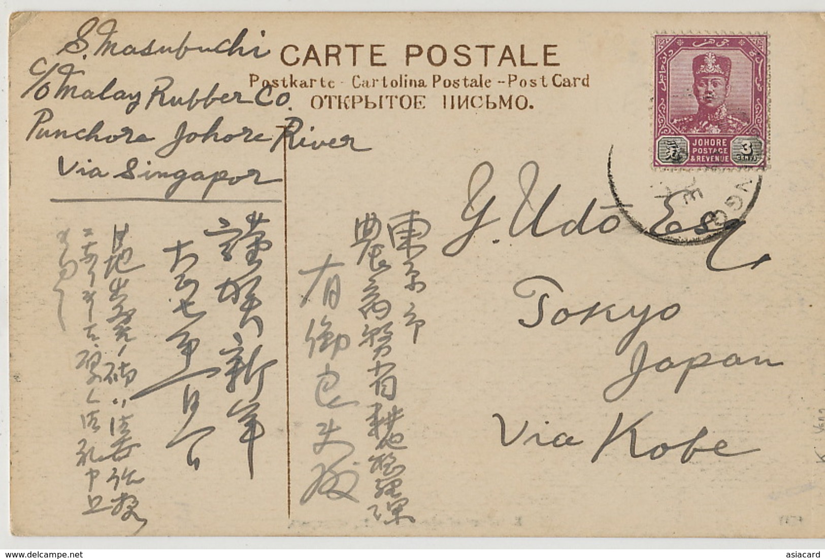 Johore Stamped Card Malay Rubber Co. Punchore Johore River To Tokyo Card Reservoir Singapore - Malaysia