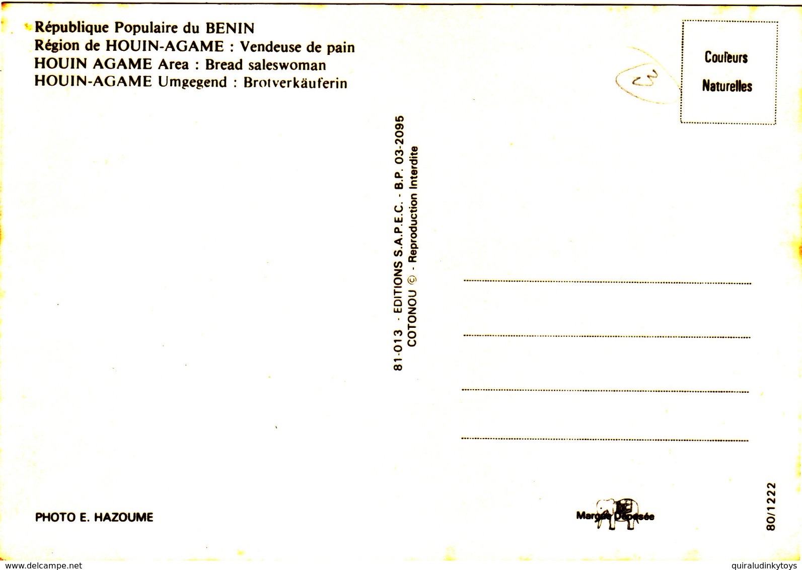 République Populaire Du BENIN Région HOUIN-AGAME Vendeuse De Pain Belle CPSM 15X10,5 Animée Bon état Voir Scans - Benín