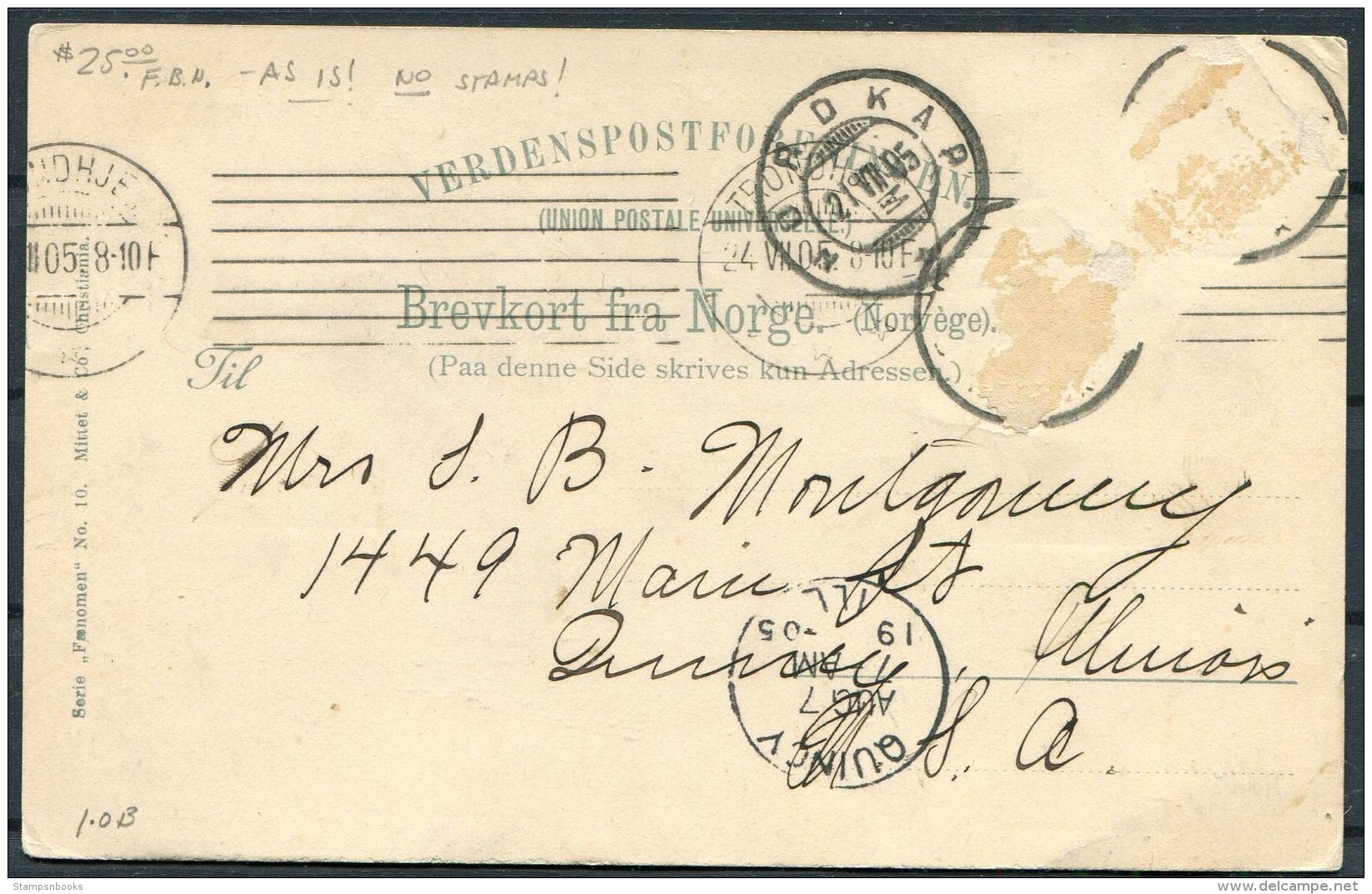 1905 Norway Nordkap Postcard. Trondheim / Nordkap - Quincy USA (stamp Removed) - Covers & Documents