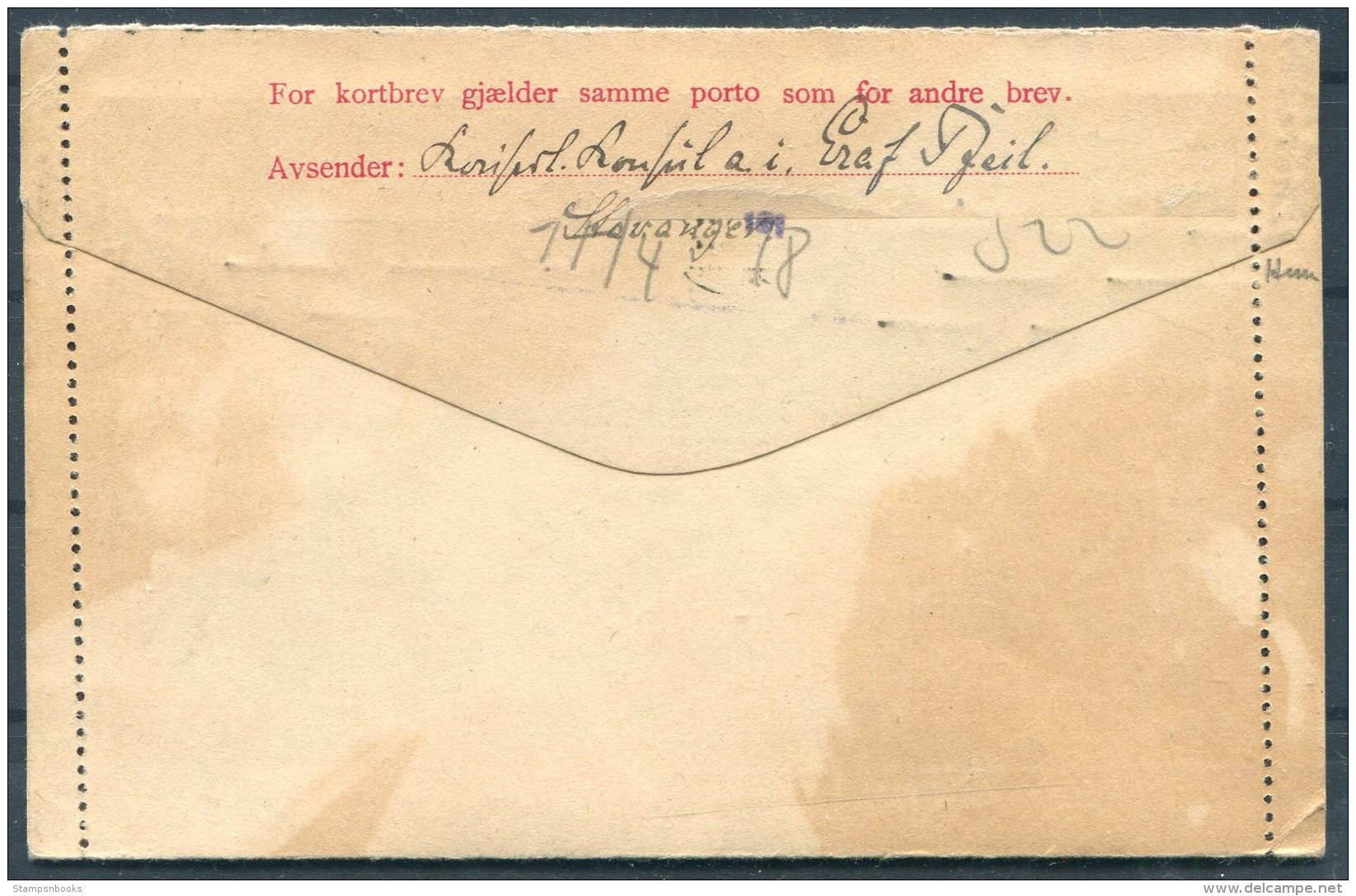 1918 Norway Kortbrev, Lettercard Stationery. Stavanger - Major, Pionier Bataillon 35, Military, Army 'AUSLANDSBRIEF' - Covers & Documents