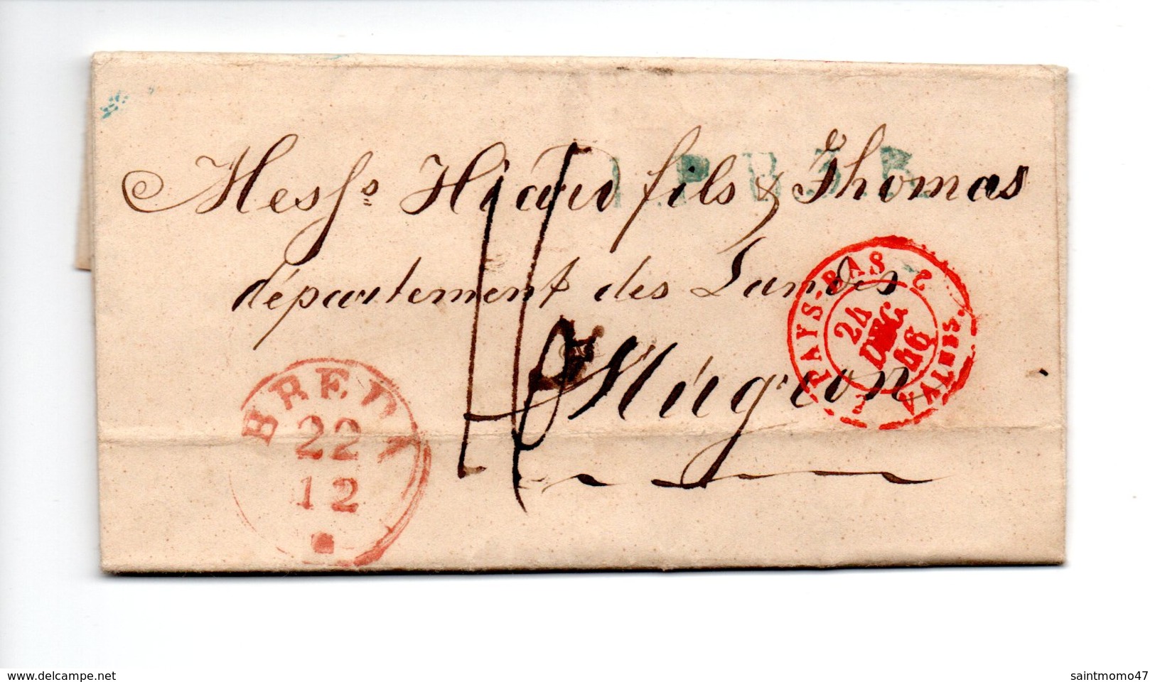 LETTRE . DE OUDENBOSCH PAYS-BAS À MUGRON LANDES . 21 DÉCEMBRE 1846 - Réf. N°9842 - - Postal History