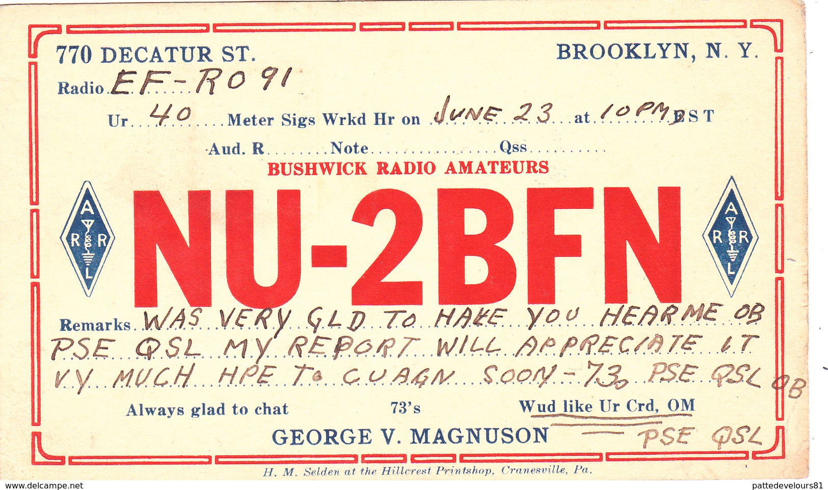 CARTE QSL (93) CLICHY Sous BOIS / USA BROOKLYN  Radio (2 Scans) - Radio