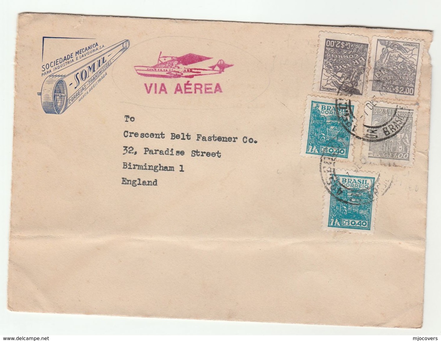 1948 BRAZIL FLIGHT COVER Illus ADVERT  Sociedade Mecanica Air Mail To GB , Stamps Aviation - Covers & Documents