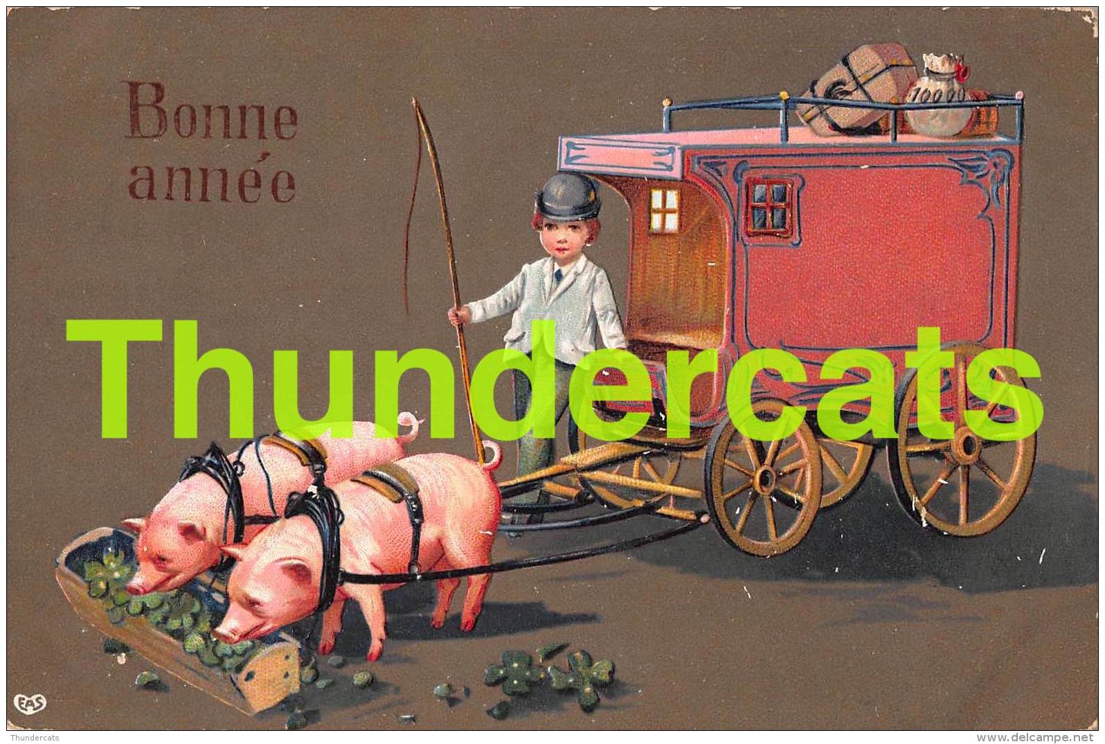 CPA EN RELIEF GAUFREE GARCON ATTELAGE  COCHON EMBOSSED CARD BOY CARRIAGE  PIG EAS - Cochons