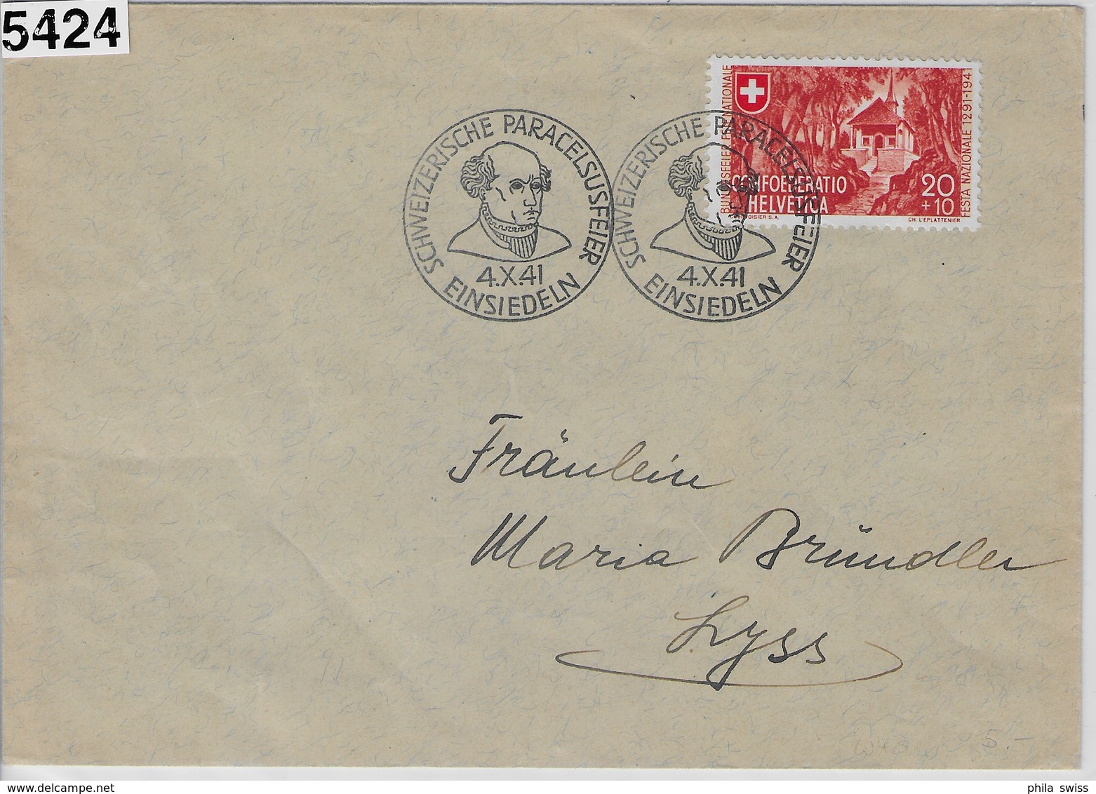 1941 Pro Patria B14/397 Schweizerische Paracelsusfeier Einsiedeln 4.X.41 To Lyss - Marcophilie