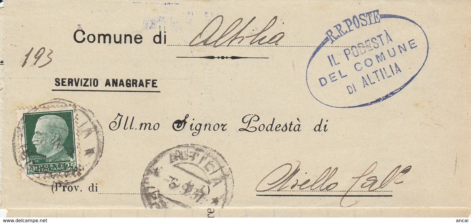 Altilia. 1937. Annullo Guller ALTILIA (COSENZA) + Ovale IL PODESTA' ....su Lettera Senza Testo - Storia Postale