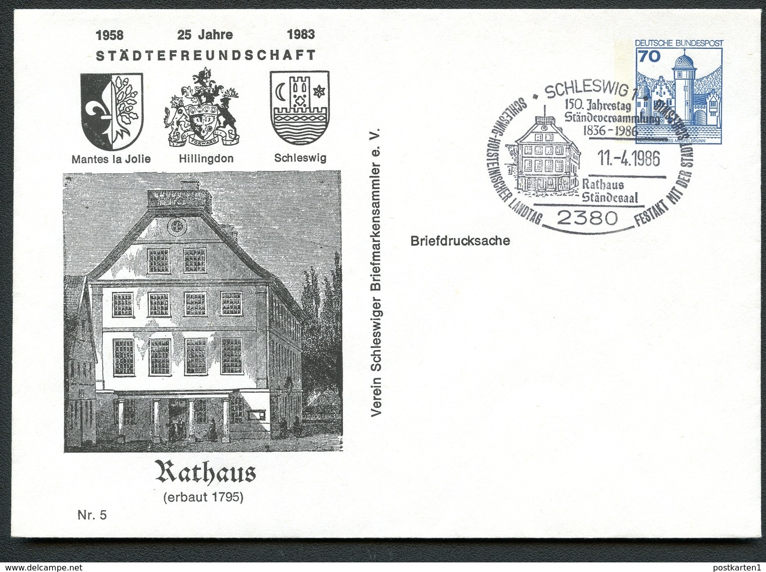 Bund PU116 C2/007 Privat-Umschlag RATHAUS SCHLESWIG + WAPPEN  Sost. 1986 - Enveloppes Privées - Oblitérées