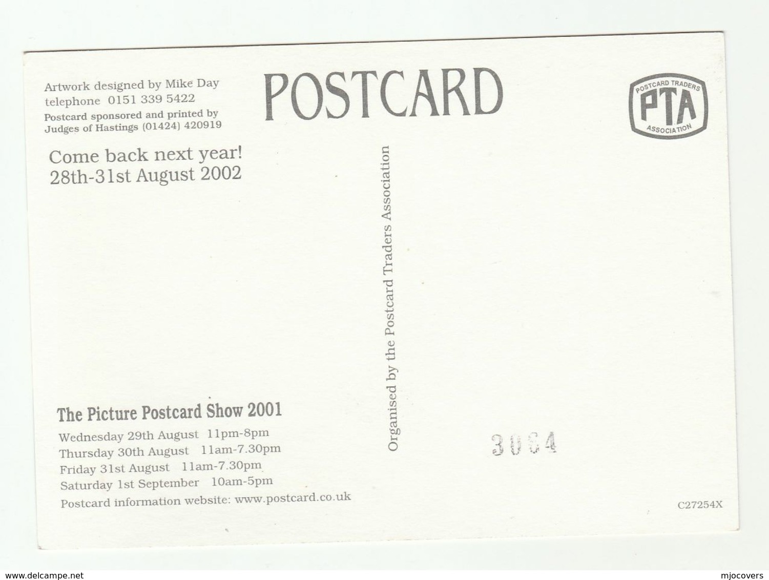 2001 CARTOON By MIKE DAY  The PICTURE POSTCARD SHOW Advert London Royal Horticultural Halls Gb - Collector Fairs & Bourses