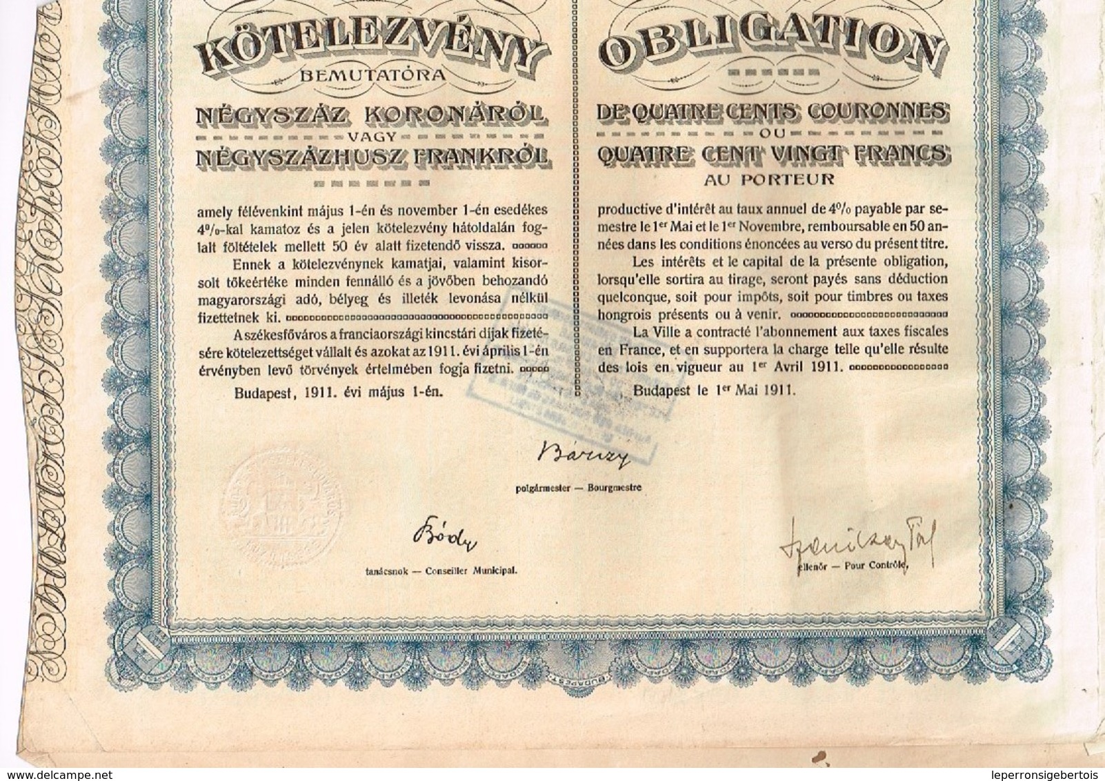 Obligation Ancienne -  Ville De Budapest  Emprunt 4% 1911 - A - C