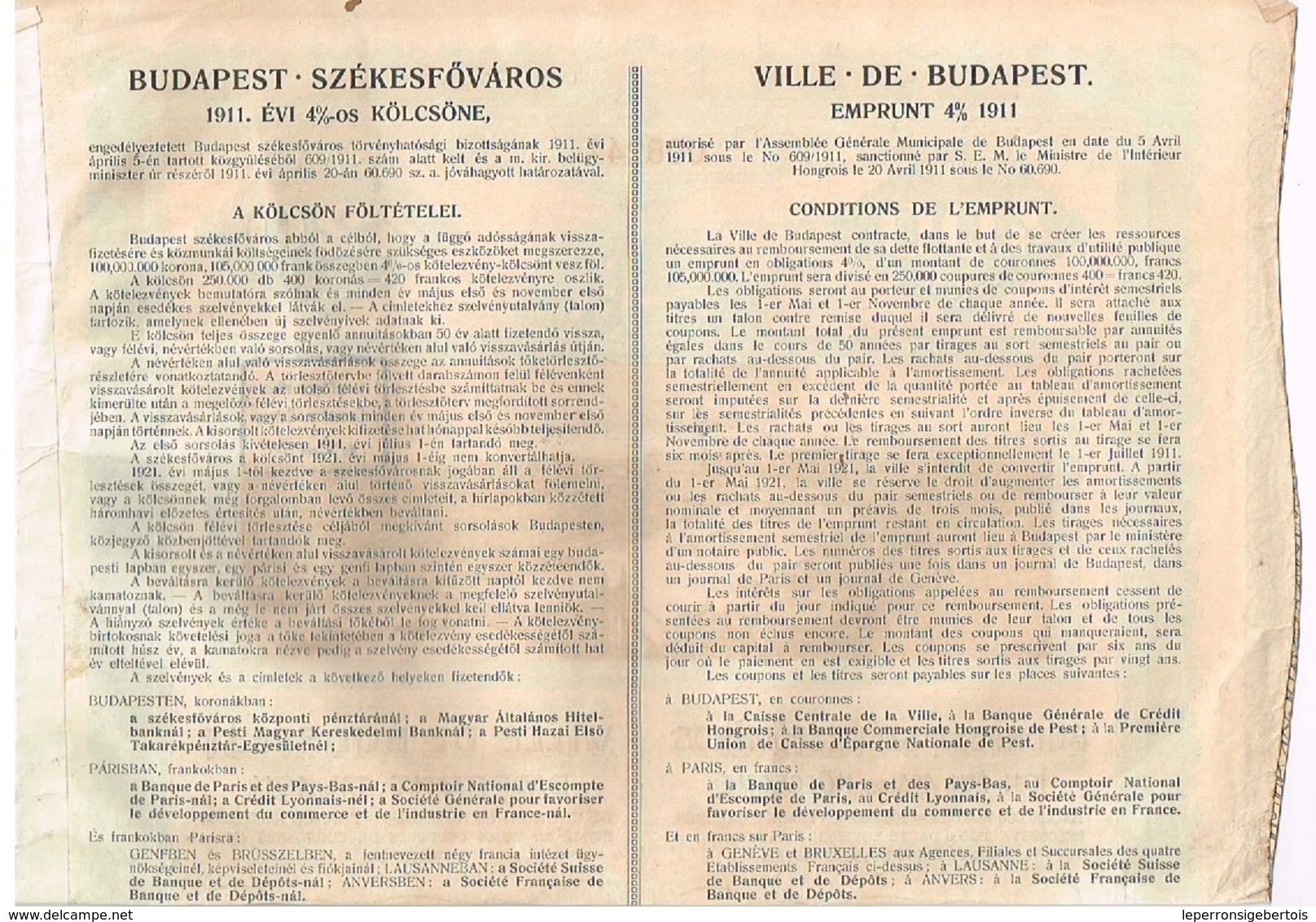 Obligation Ancienne -  Ville De Budapest  Emprunt 4% 1911 - A - C