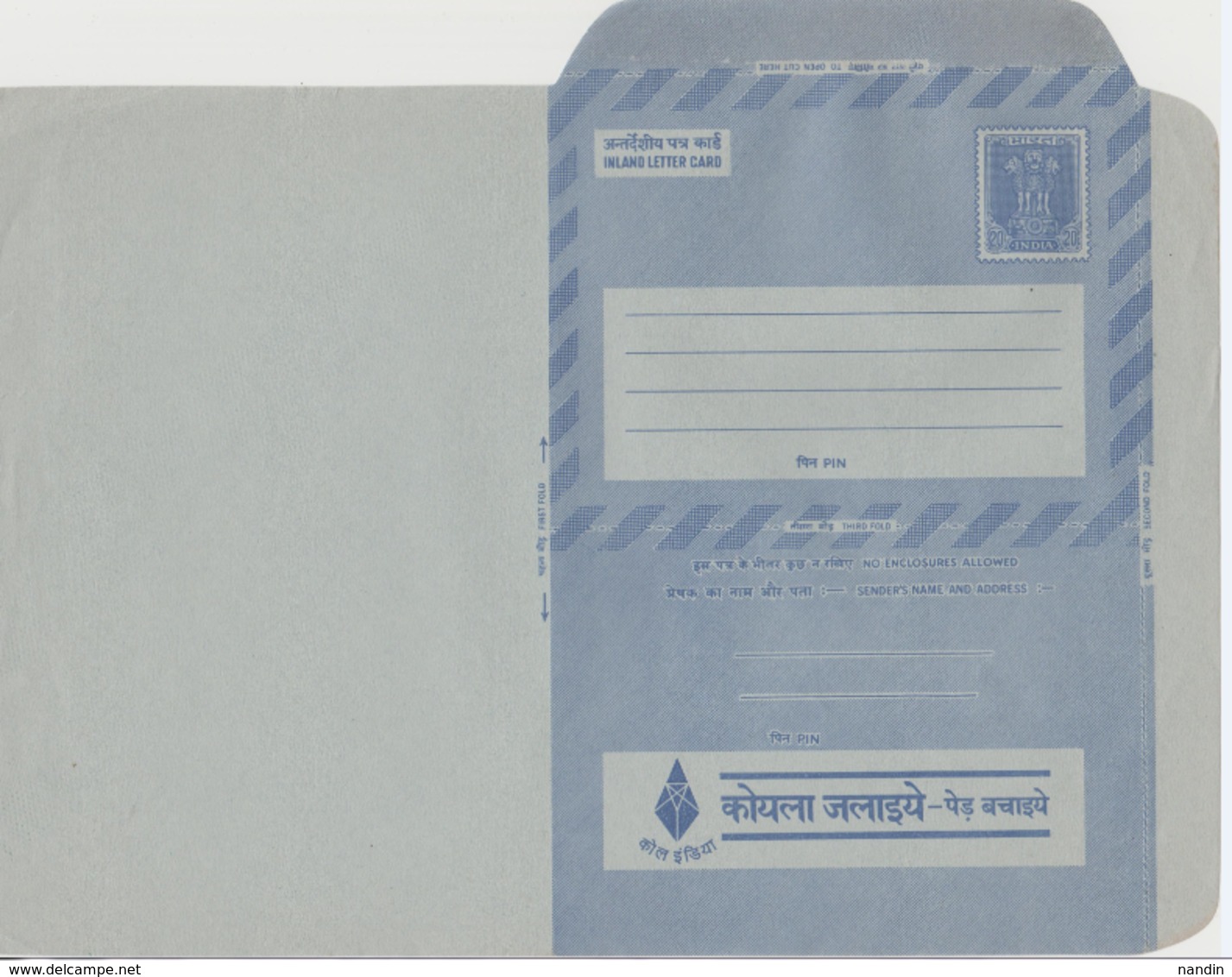 INDIA POSTAL STATIONERY INLAND LETTER CARD.20P  ADVERTISEMENT  COAL INDIA (Hindi)  USE COAL SAVE TREE. .ECOLOGY - Inland Letter Cards