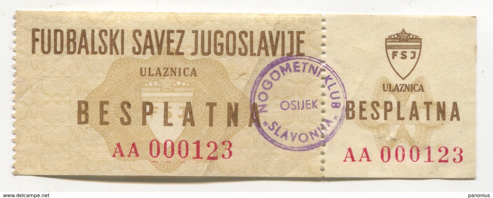 FOOTBALL / FUTBOL / CALCIO - Yugoslavia Federation FSJ, NK SLAVONIJA Osijek, Honorary Free Ticket, 1960s - Match Tickets