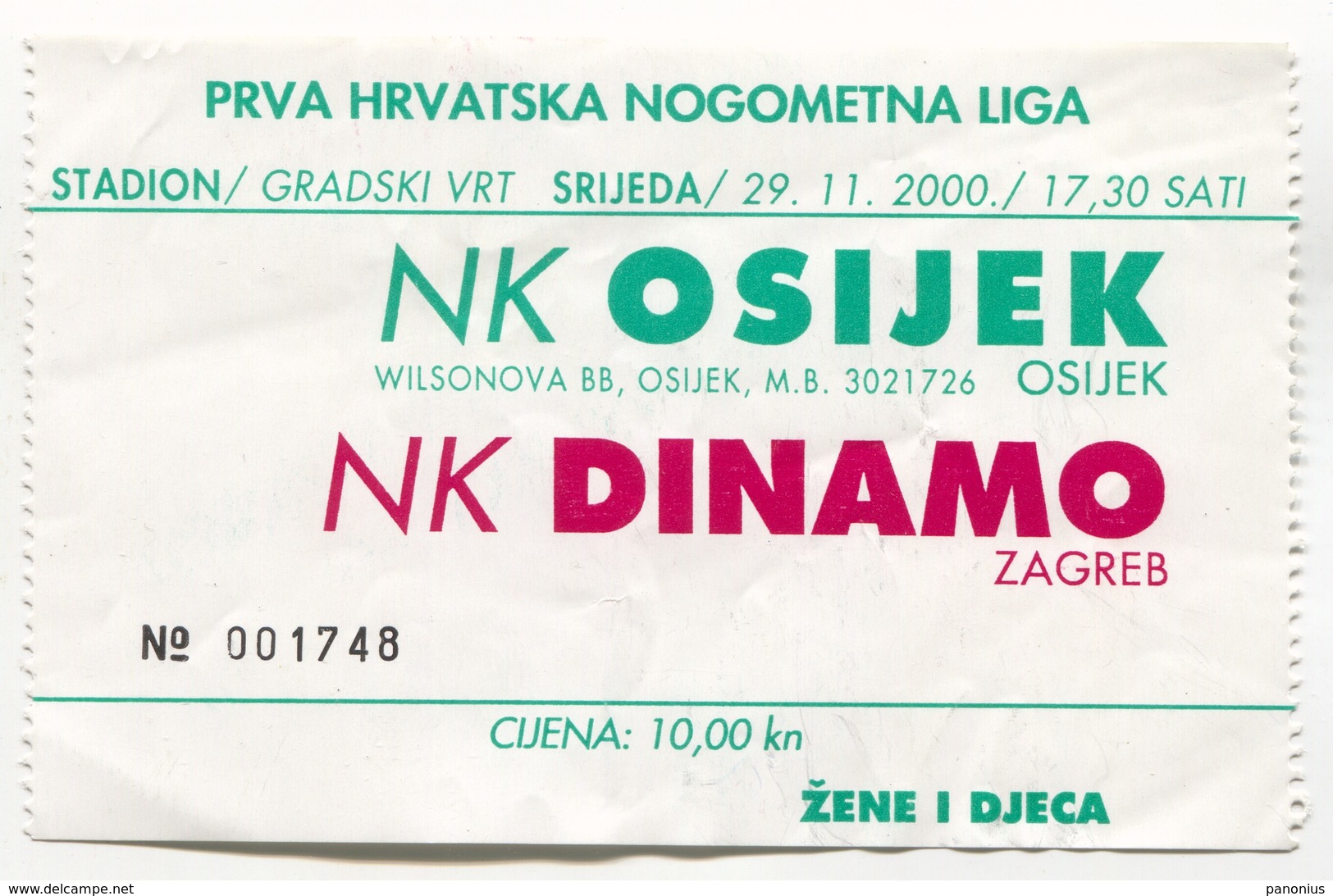 FOOTBALL / FUTBOL / CALCIO - NK Dinamo Zagreb Vs NK Osijek Croatia, Ticket 29. XI 2000. - Match Tickets