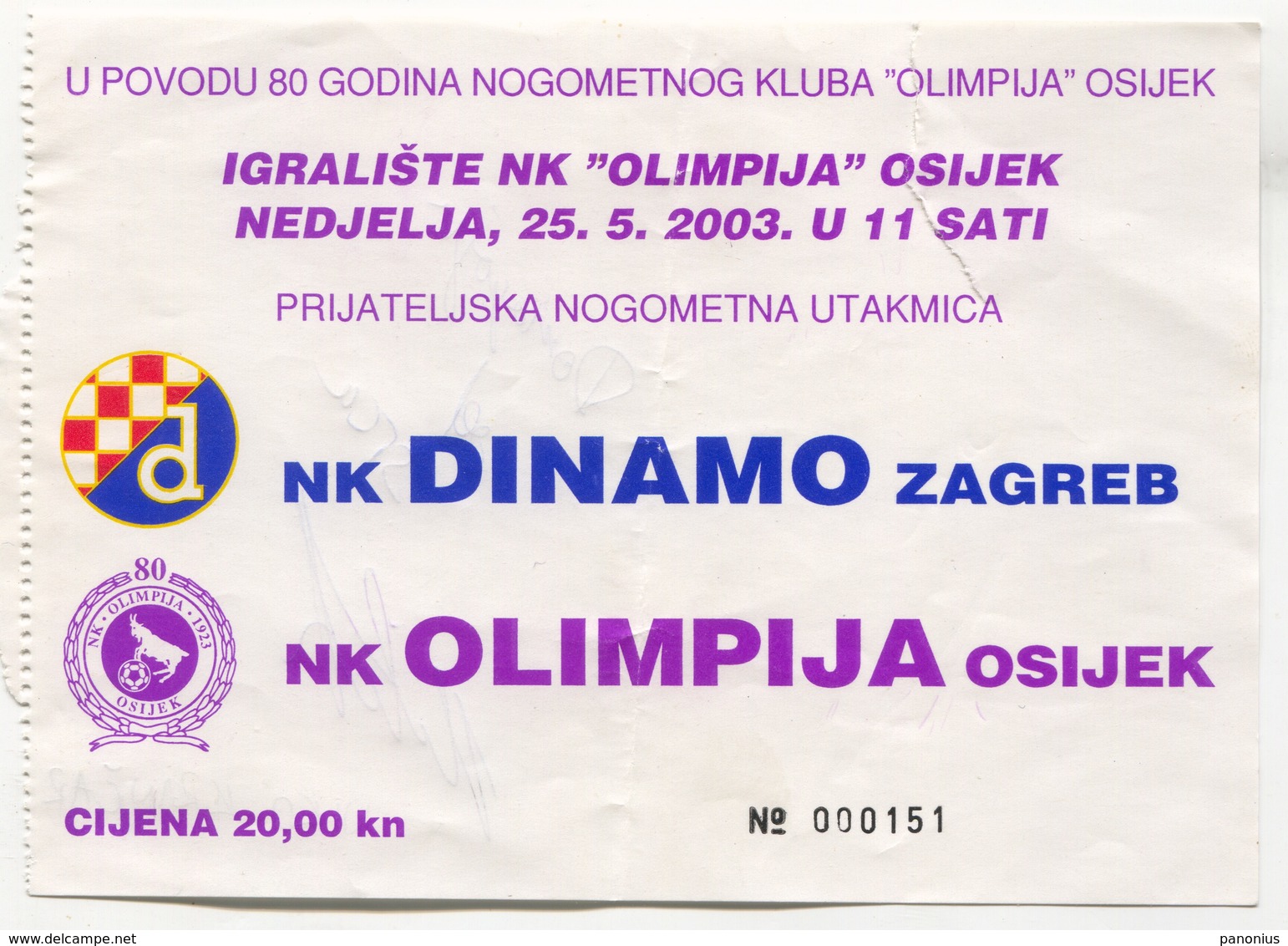 FOOTBALL / FUTBOL / CALCIO - NK DINAMO Zagreb Vs NK OLIMPIJA Osijek Croatia, Autograph NIKO KRANJČAR, Ticket 25. V 2003. - Match Tickets