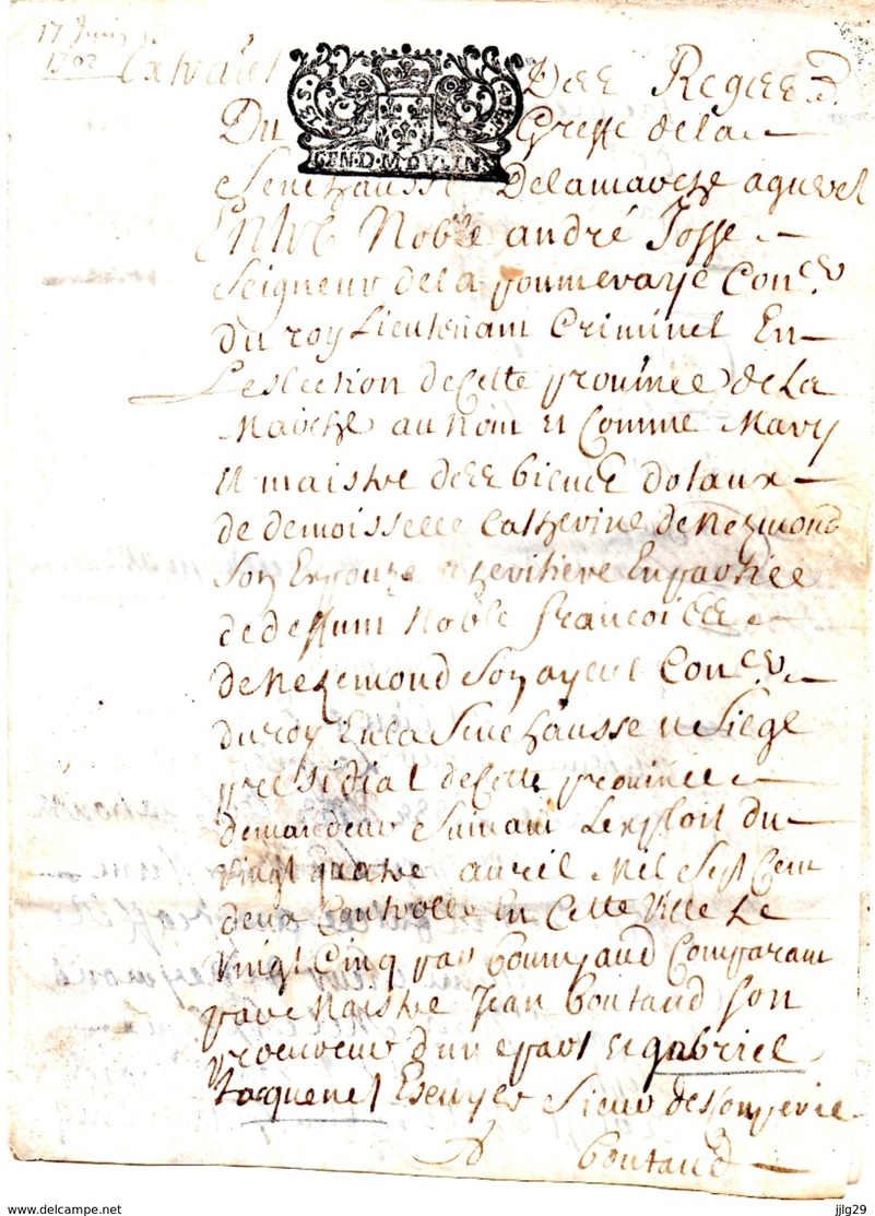 Fiscal, Généralité De MOULINS Sur Parchemin (Peau) Double Feuille, Tacquenot Gabriel, époux D' Eléonore De La Celle 1702 - Cachets Généralité