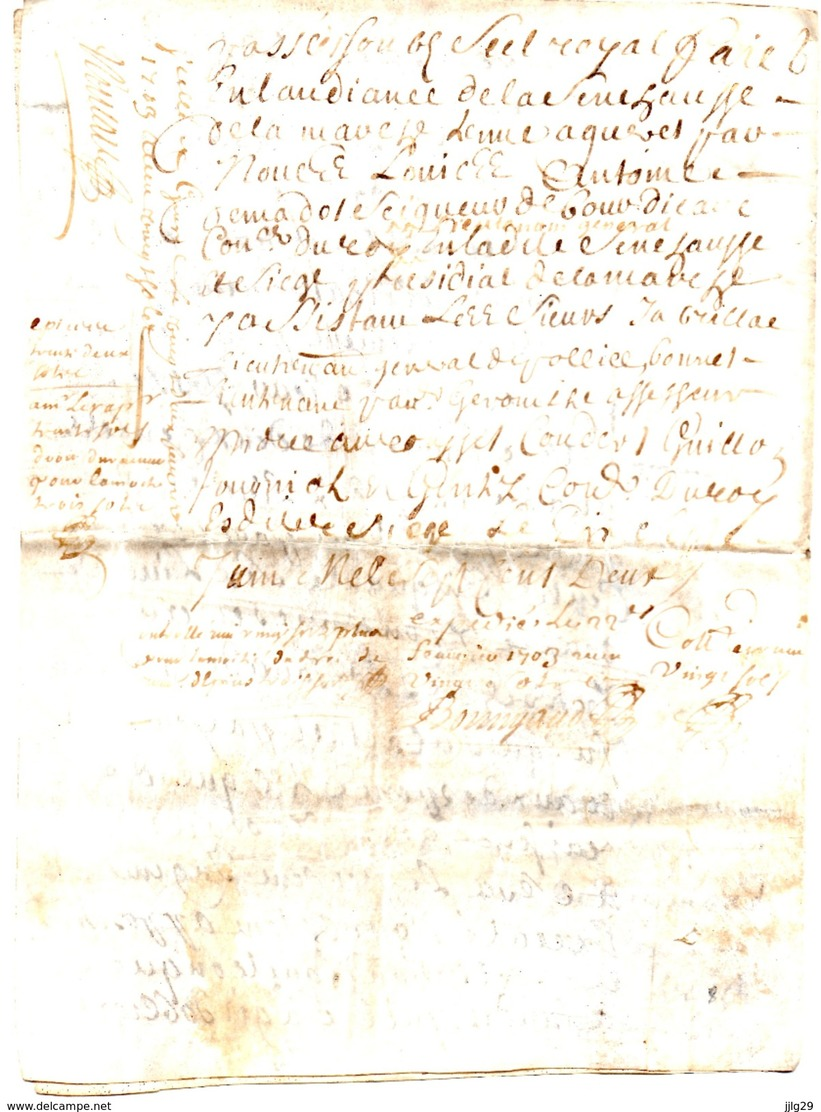 Fiscal, Généralité De MOULINS Sur Parchemin (Peau) Double Feuille, Tacquenot Gabriel, époux D' Eléonore De La Celle 1702 - Gebührenstempel, Impoststempel