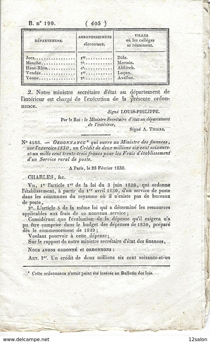 ORDONNANCE SERVICE DES POSTES 28 FEVRIER 1830 REPARTION DE CREDIT CREATION BUREAU DE POSTE - Historical Documents