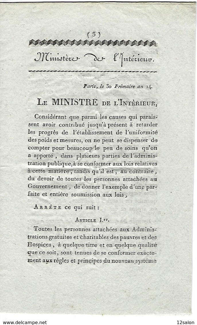 ORDONNANCE SERVICE DES POSTES 30 FRIMAIRE AN 14 APPLICATION DU SYDTEME METRIQUE DE POIDS ET MESURE - Historical Documents