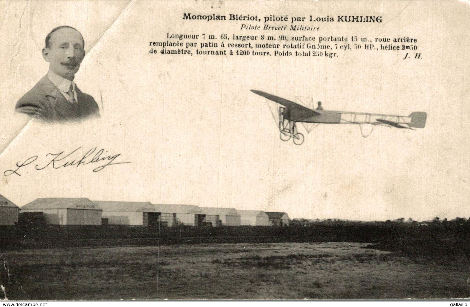 MONOPLAN BLERIOT PILOTE PAR LOUIS KUHLING - Aviateurs