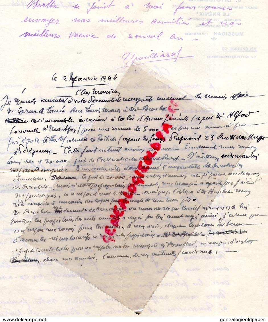 24-  MUSSIDAN- LETTRE MANUSCRITE SIGNEE J. BROILLARD-AGENT ASSURANCES LE PHENIX-4 RUE DE BERGERAC- 1944 - Bank & Versicherung