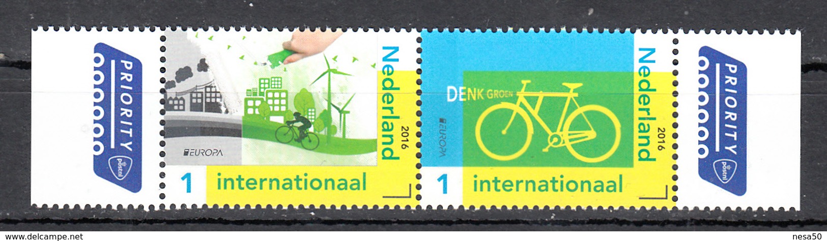 Nederland 2016 Nvph Nr 3399 + 3400, Mi Nr 3457 + 3458 ; Denk Groen; Europa; Fiets, Bike Postfris - Nuevos