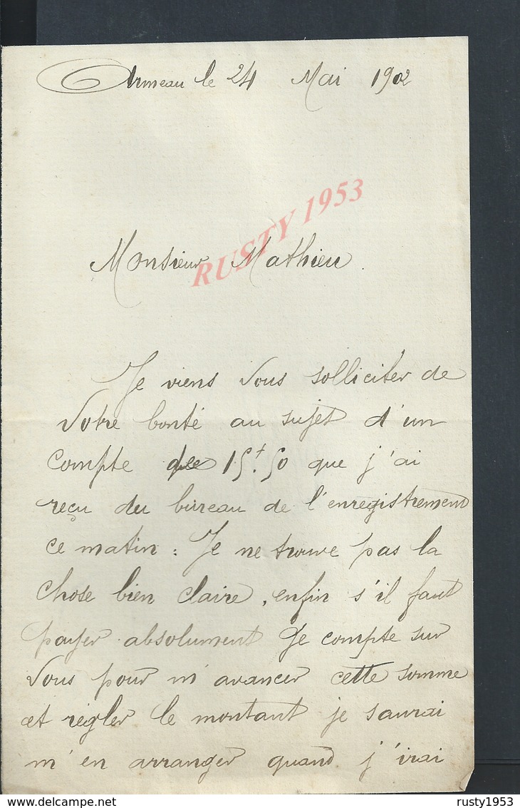 LETTRE DE 1902 ECRITE DE ARMEAU FAMILLE GILLOS JOSEPH  : - Manuscrits