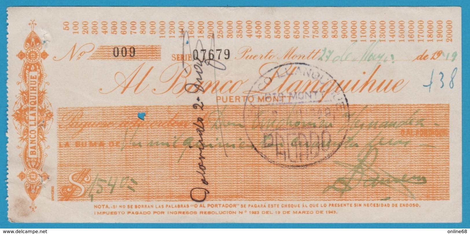 CHILE PUERTO MONTT CHEQUE AL BANCO LLANQUIHUE 1949 - Chèques & Chèques De Voyage