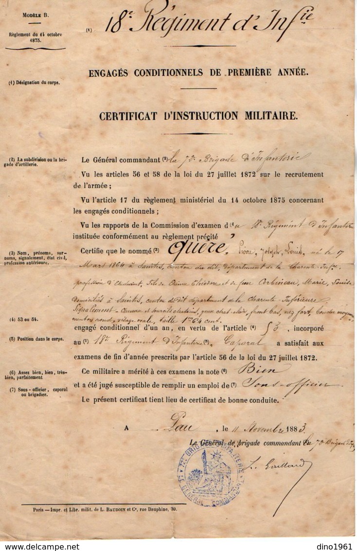 VP12.250 - MILITARIA - PAU 1883 - Certificat D'Instruction Militaire Caporal QUERE Au 18 ème Régiment D'Infanterie - Documentos