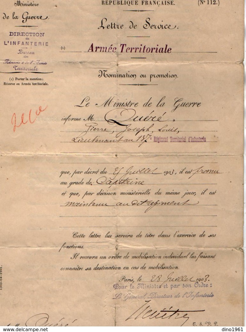 VP12.251 - MILITARIA - PARIS 1903 - Lettre De Service Du Lieutenant QUERE Au 137ème Régiment Territorial D'Infanterie - Documentos