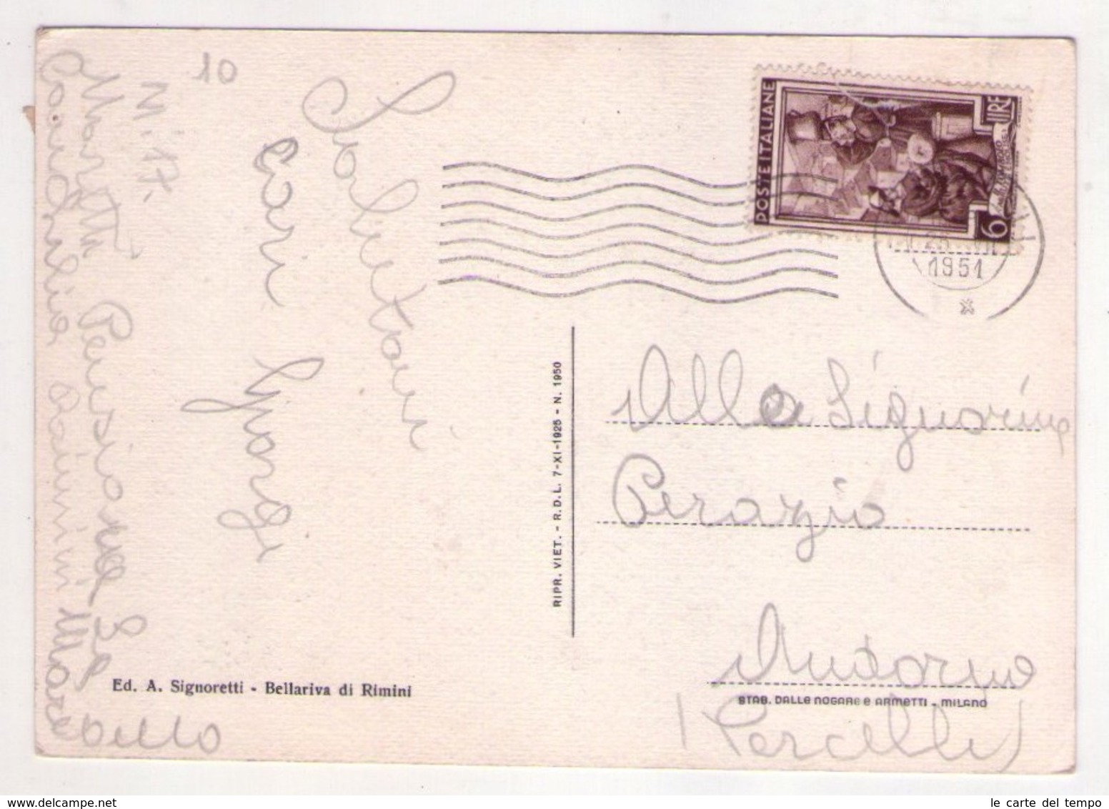Cartolina/postcard Pensione Ideale "Bellariva" - Lido Di Rimini. 1951 - Rimini
