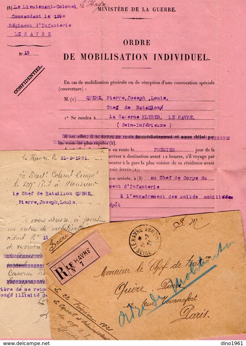 VP12.257 - MILITARIA - Le HAVRE 1921 - Ordre De Mobilisation - Chef De Bataillon QUERE Au 129 ème Régiment D'Infanterie - Documentos