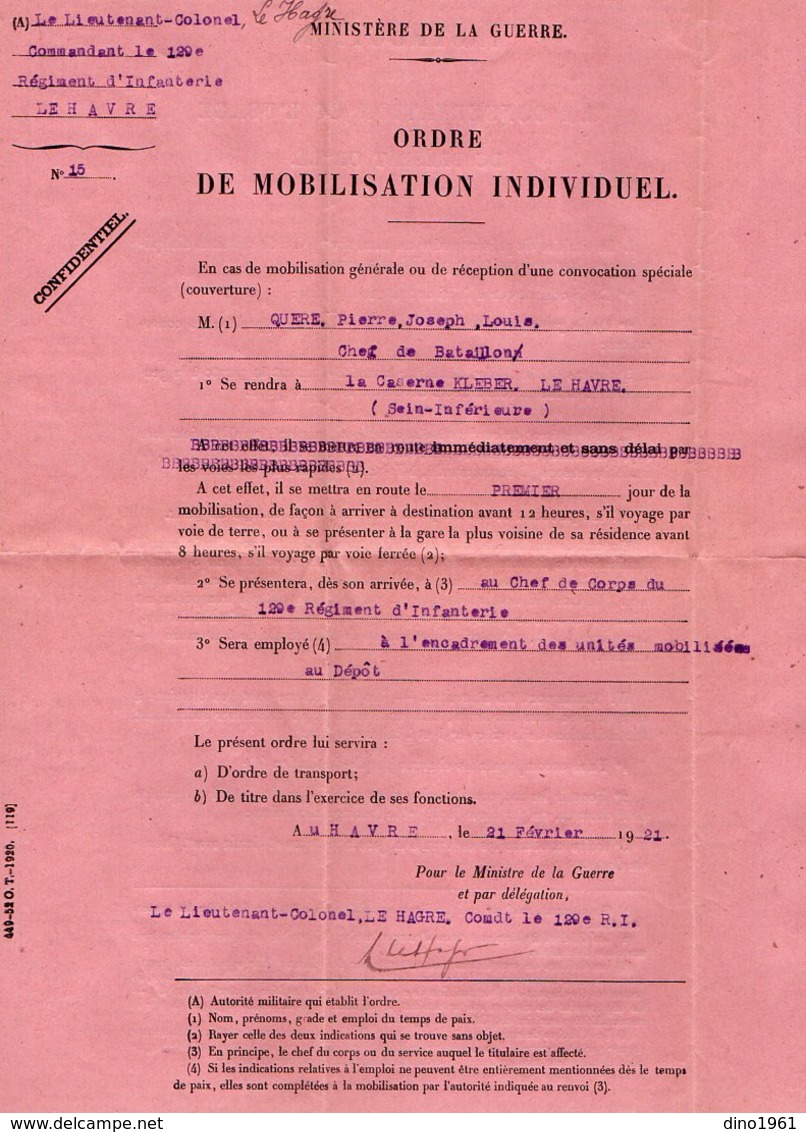 VP12.257 - MILITARIA - Le HAVRE 1921 - Ordre De Mobilisation - Chef De Bataillon QUERE Au 129 ème Régiment D'Infanterie - Documentos