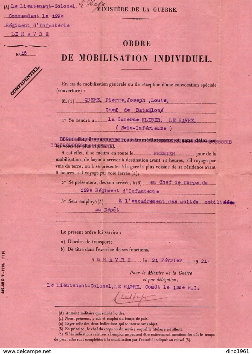 VP12.257 - MILITARIA - Le HAVRE 1921 - Ordre De Mobilisation - Chef De Bataillon QUERE Au 129 ème Régiment D'Infanterie - Documents