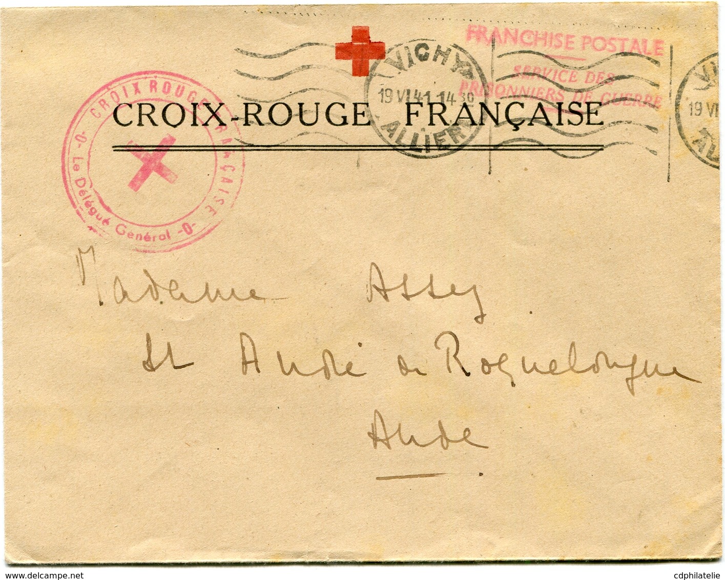 FRANCE LETTRE FM A ENTETE "CROIX-ROUGE FRANCAISE" AVEC CACHET 3CROIX-ROUGE FRANCAISE" DEPART VICHY 19 VI 41 ALLIER..... - Cruz Roja