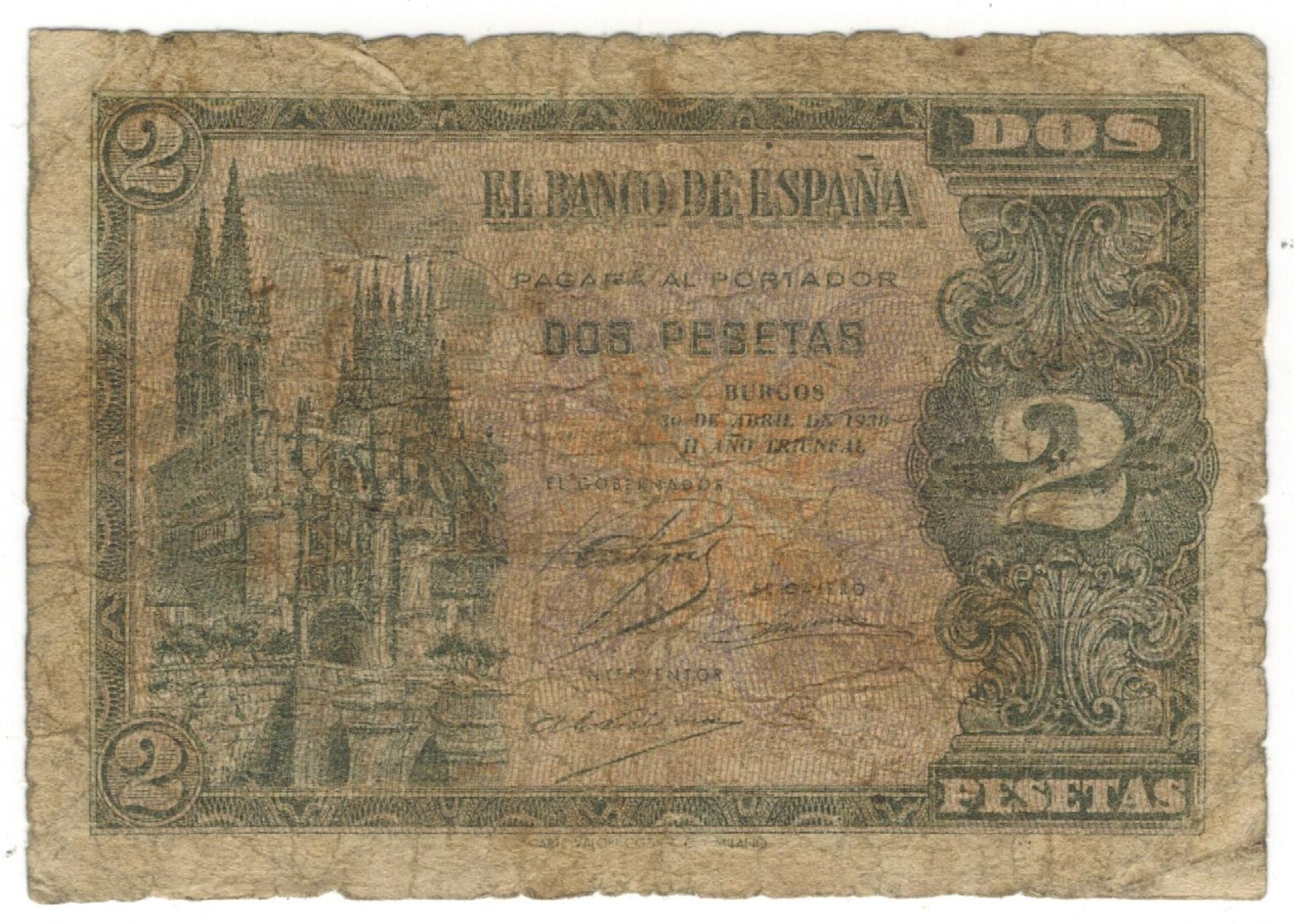 Spain 2 Pesetas 1938, Burgos, Used, See Scan. Rare. - Other & Unclassified