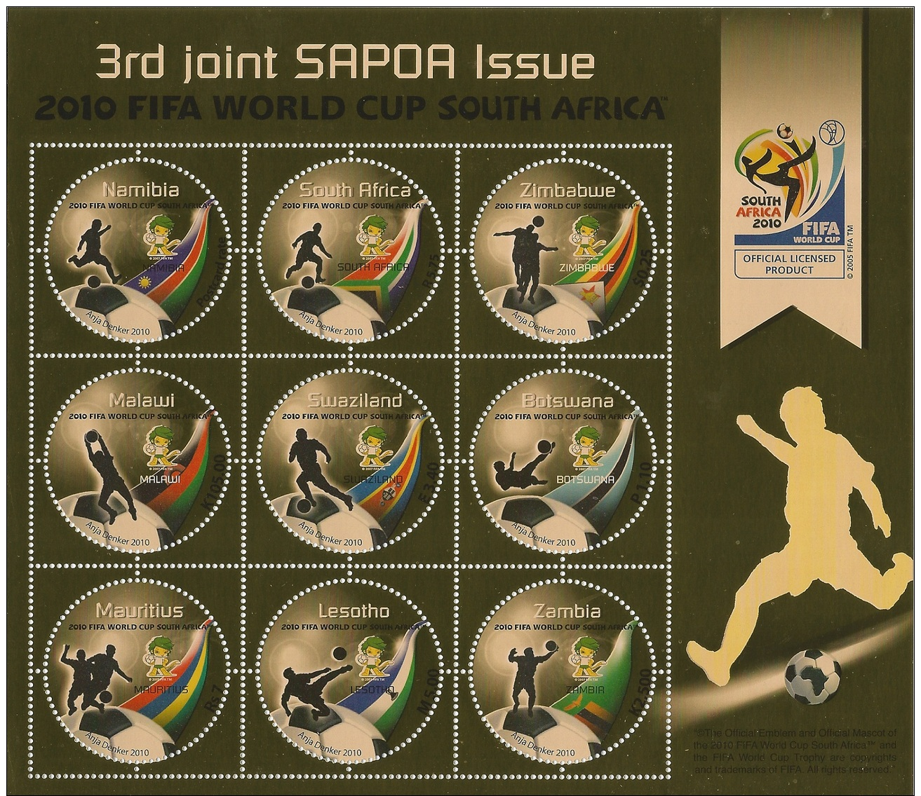 South Africa 2010 SAPOA World Cup Football Displaying All 9 Countries (Namibia, Zambia, Malawi, Angola, Lesotho). MNH - Unused Stamps