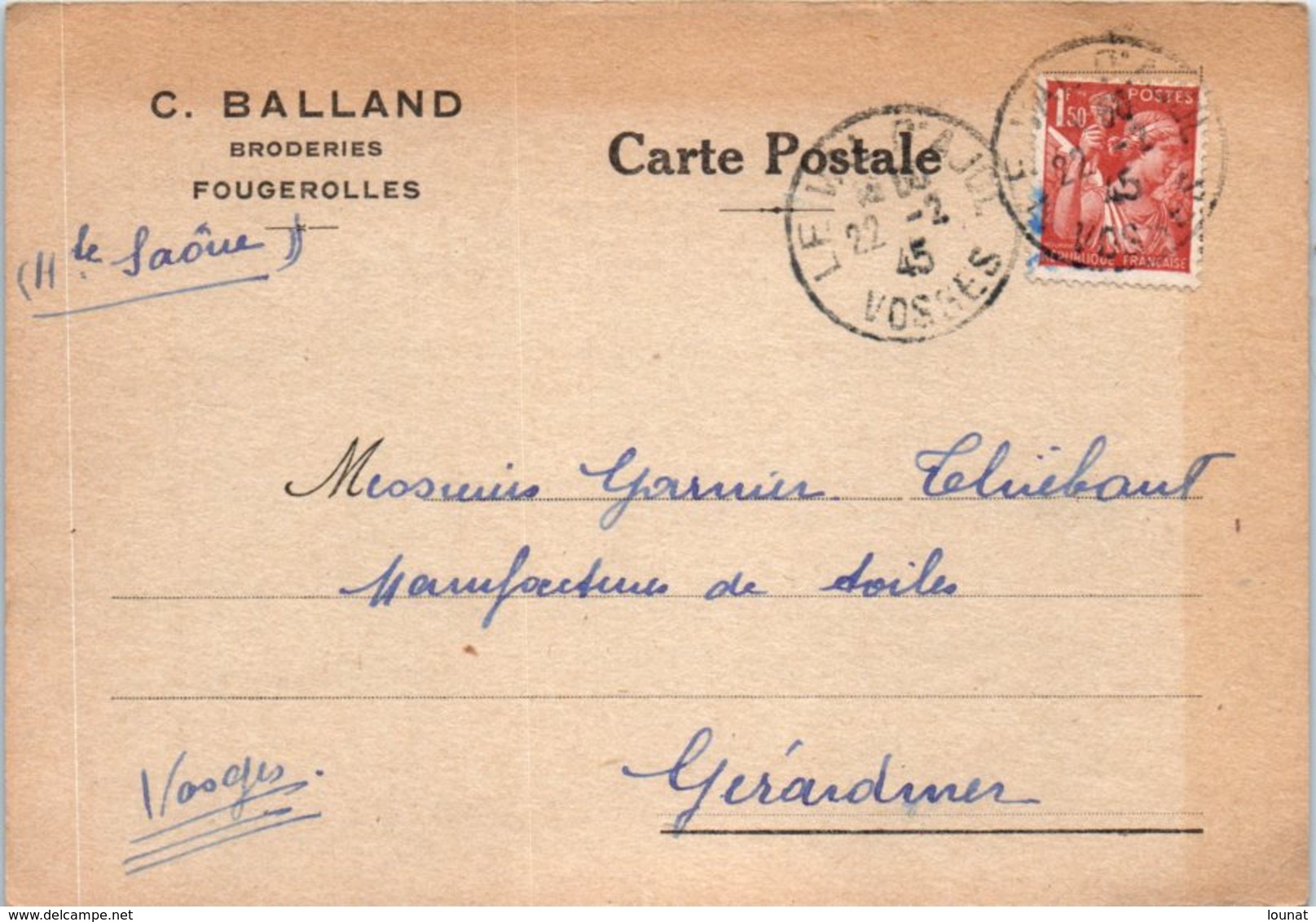 70 Fougerolles - C. Balland - Broderies - Oblitération (entiers Postaux ) - Autres & Non Classés