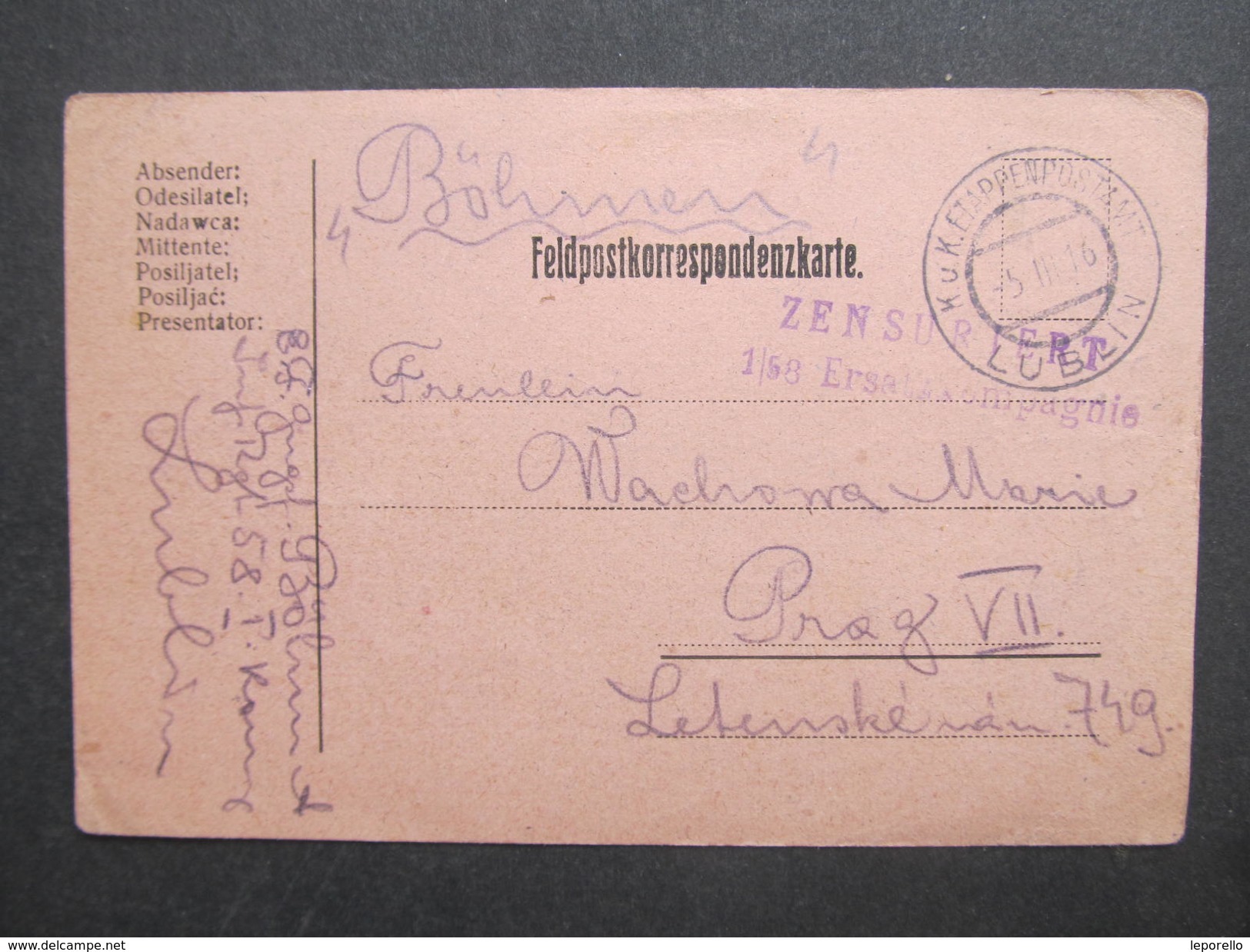 GANZSACHE Korrespondenzkarte Etappenpostamt Lublin - Prag 1916 /// D*27785 - Briefe U. Dokumente