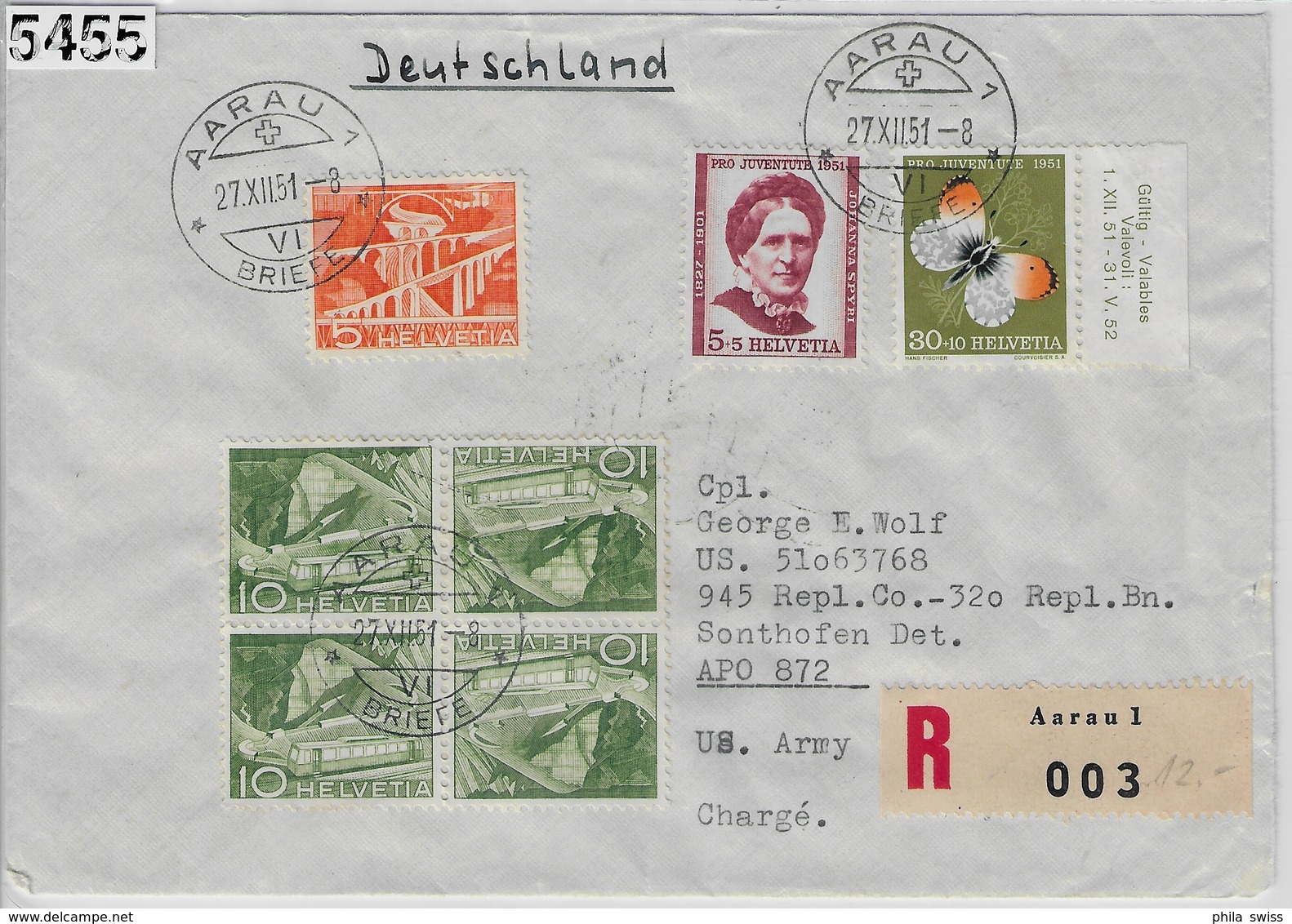 1951 Charge J138/561 J141/564 298/530 K42/ Aarau 27.XII.51 To Sonthofen US Army - Lettres & Documents